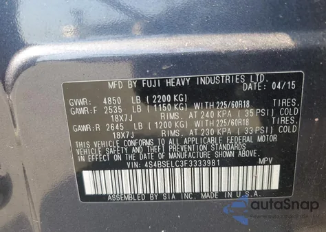 2015 Subaru Outback 3.6R Limited z USA, uszkodzony, nr VIN 4S4BSELC3F3333981